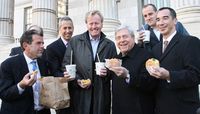 L to R: Rob Walsh, Dept. of Small Bus. Svcs; Danny Meyer, Union Sq. Hospitality Group; David Swinghamer, Shake Shack; BP Marty Markowitz; Randy Garutti, Shake Shack; Joe Chan, DTown Bklyn Partnership